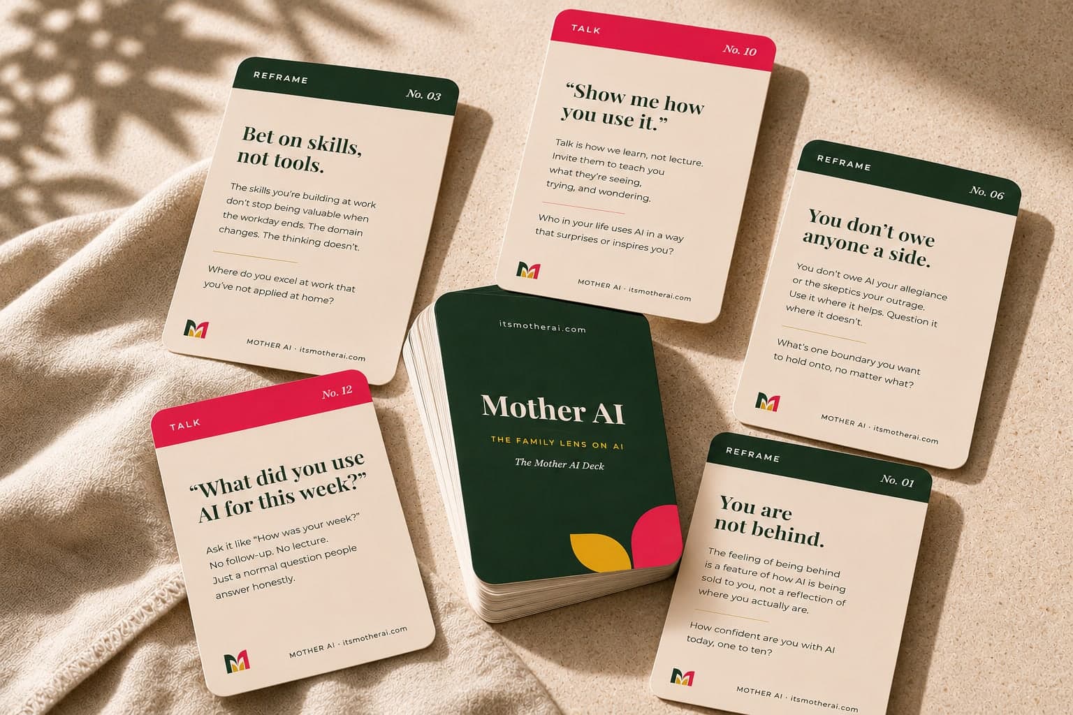 Mother AI Conversation Cards spread across a table