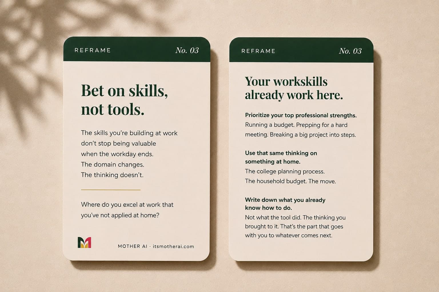 Front and back of a Mother AI Reframe conversation card