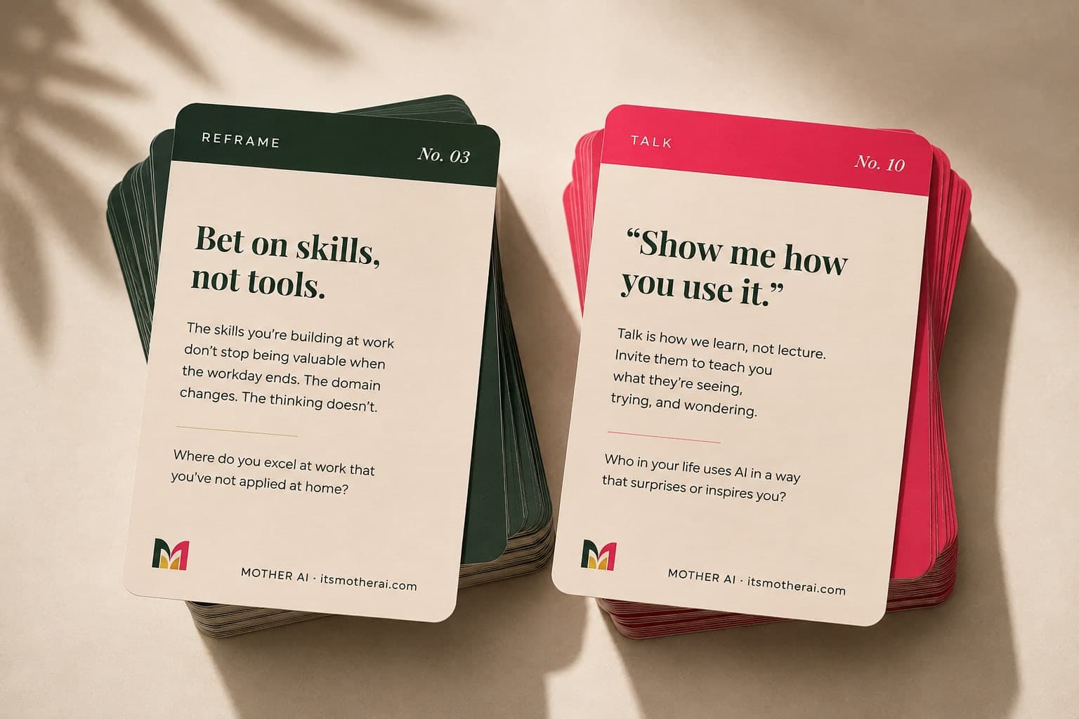 Mother AI Reframe and Talk card stacks side by side
