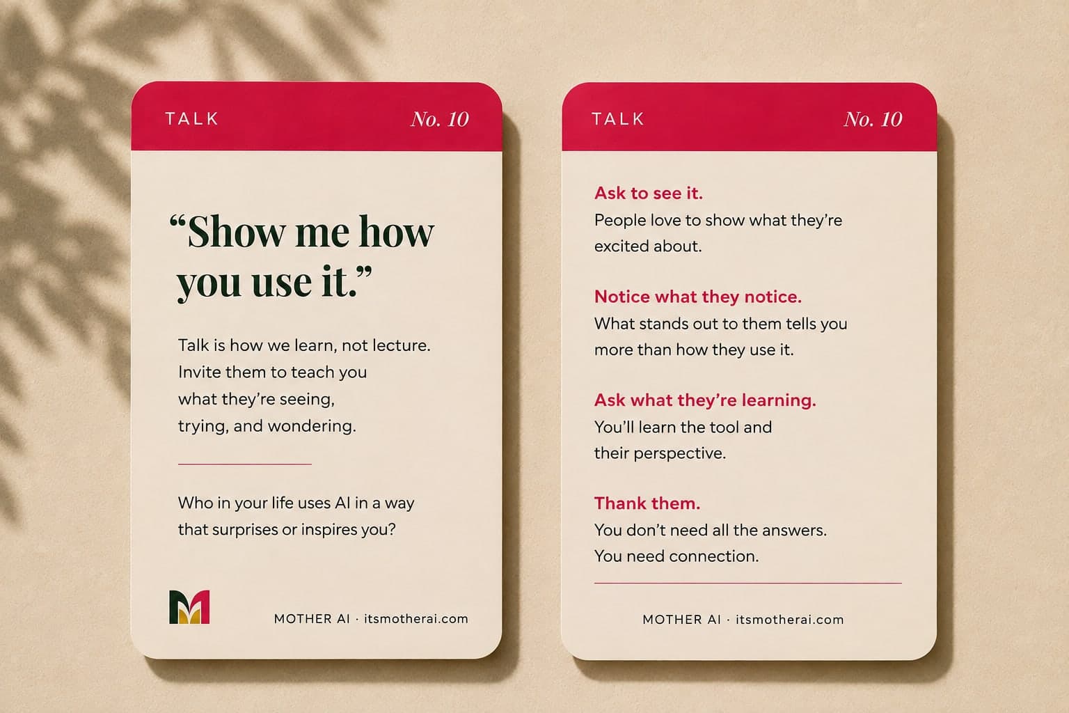 Front and back of a Mother AI Talk conversation card